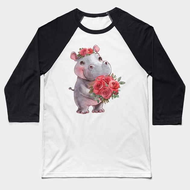 Valentine Hippopotamus Giving Flowers Baseball T-Shirt by Chromatic Fusion Studio